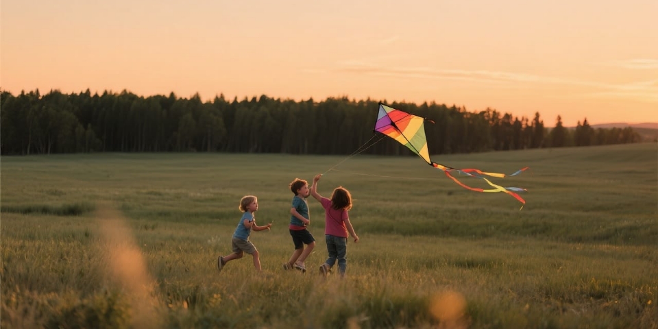 Children flying a kite at a community event